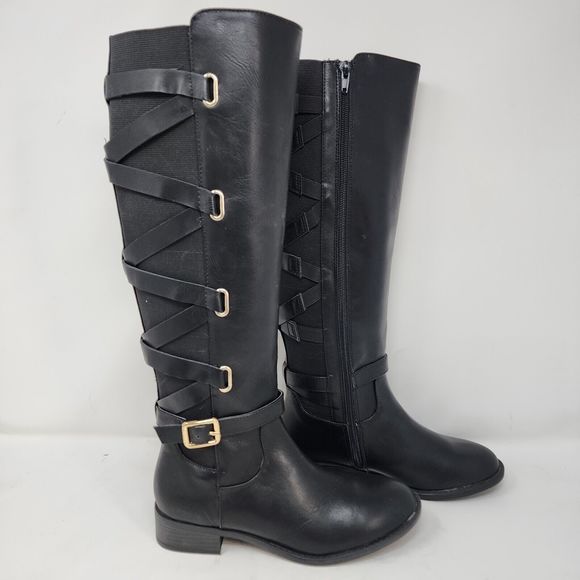 Thalia Sodi Riding Boots Womens 5 Black Veronika Faux Leather Zip Buckle Strap - Picture 3 of 10